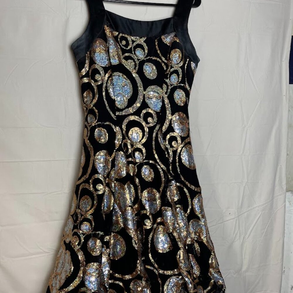Rivars 1990s Black Gold Silver Sequin Dress Sleeveless Ruffle Hem Knee Length